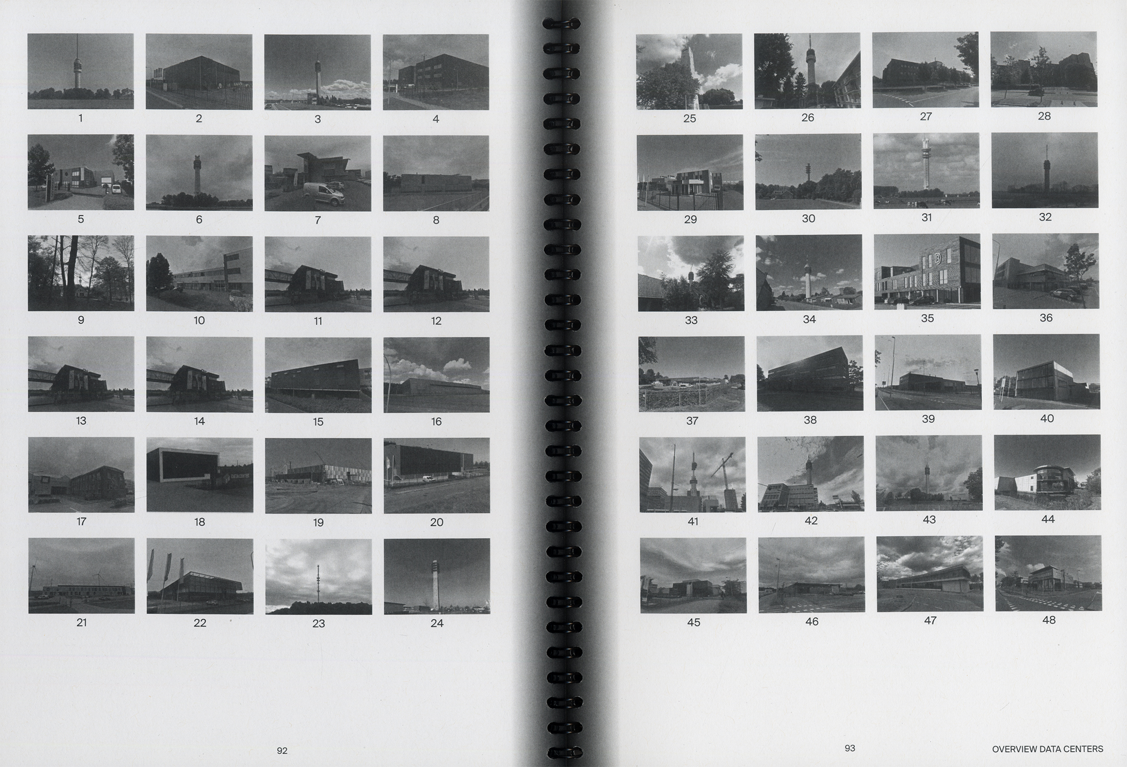 Open photo book spread with contact-sheet style photography