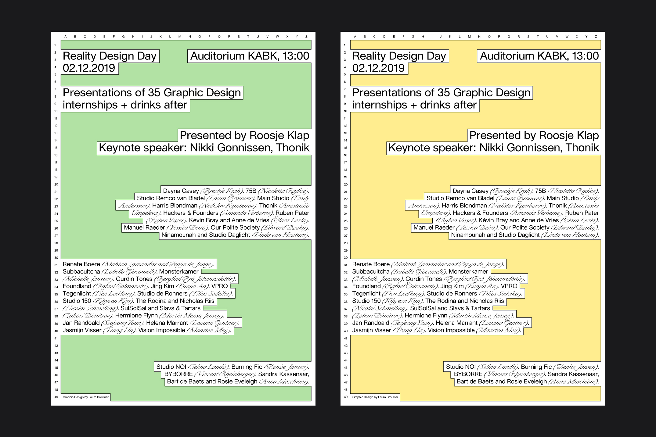 Reality Design Day posters in green and yellow colourways