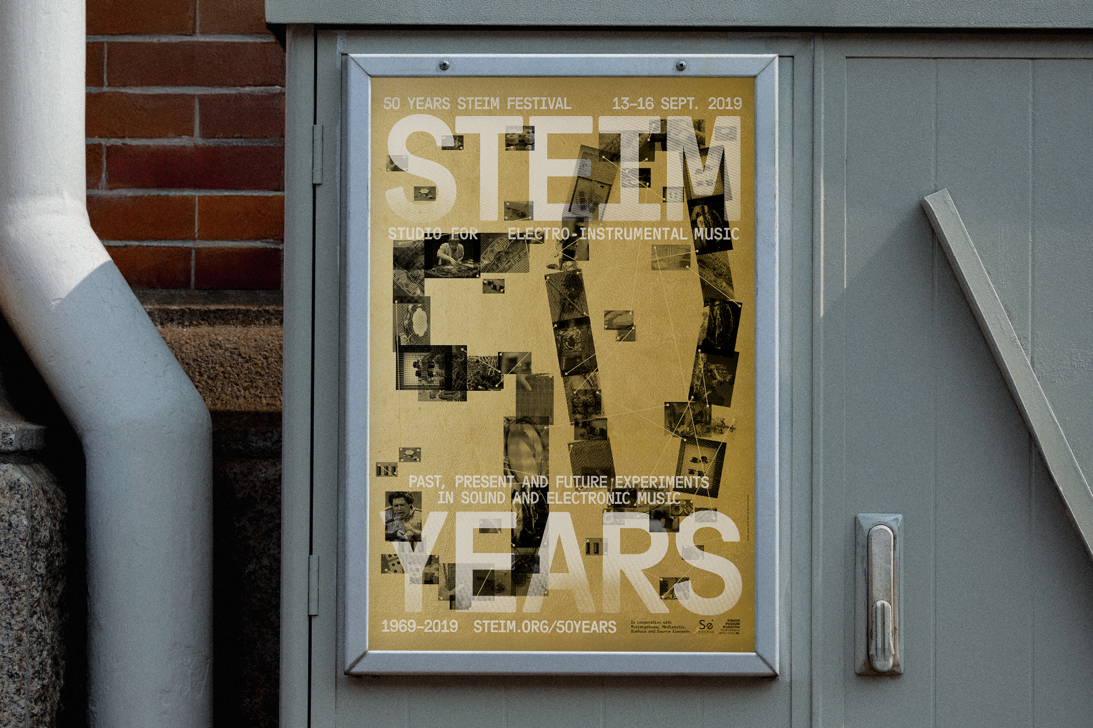 STEIM 50 Years poster mounted in a display case