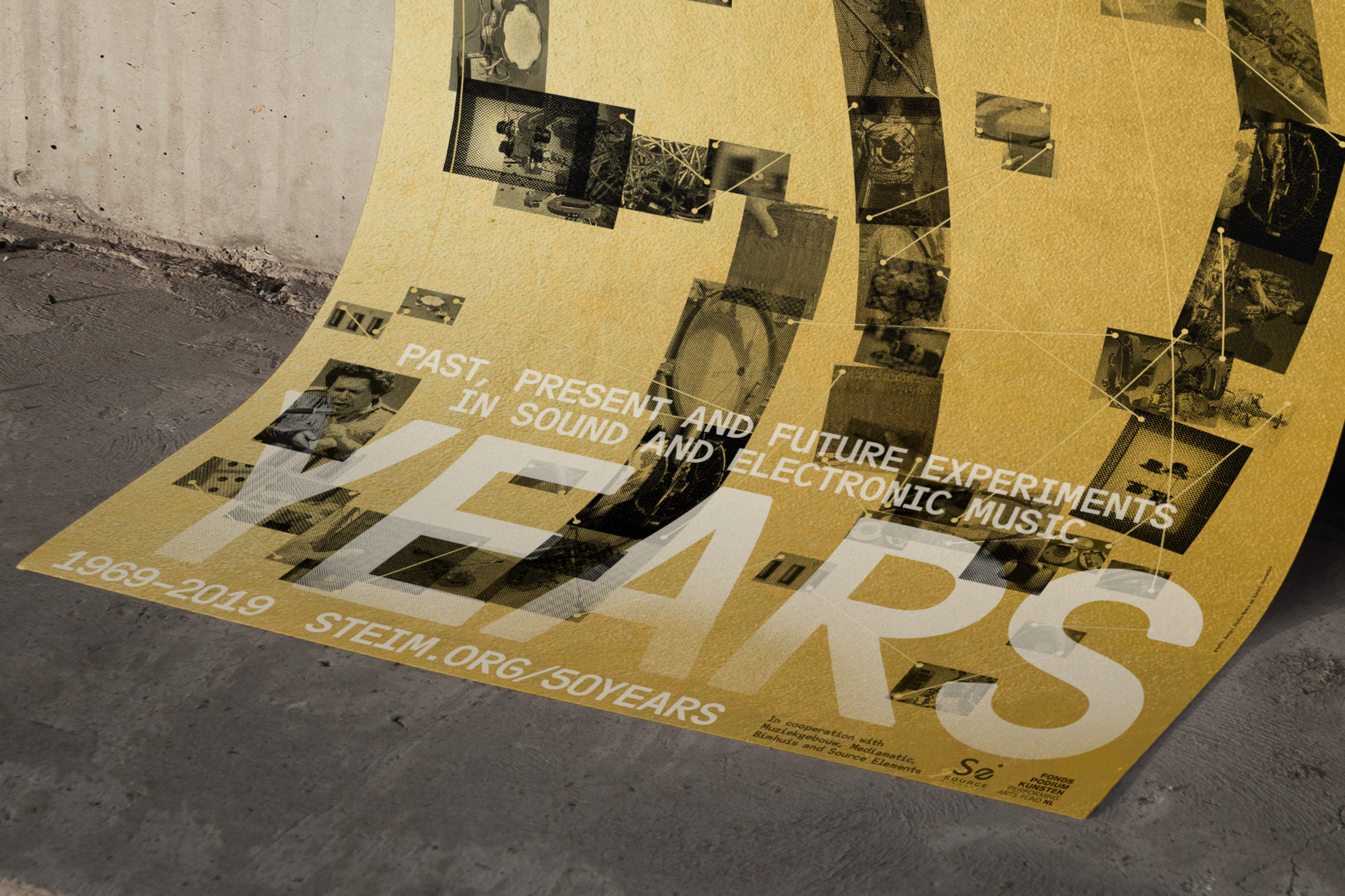 STEIM 50 Years poster, curled paper detail
